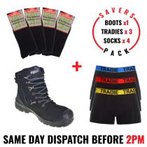 Savers Pack - Puma Conquest Black - 100% Waterproof Safety Zip Side Work Boot - Tradie Underwear - Bamboo Socks