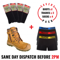 Savers Pack - Puma Conquest Wheat - 100% Waterproof Safety Zip Side Work Boot - Tradie Underwear - Bamboo Socks