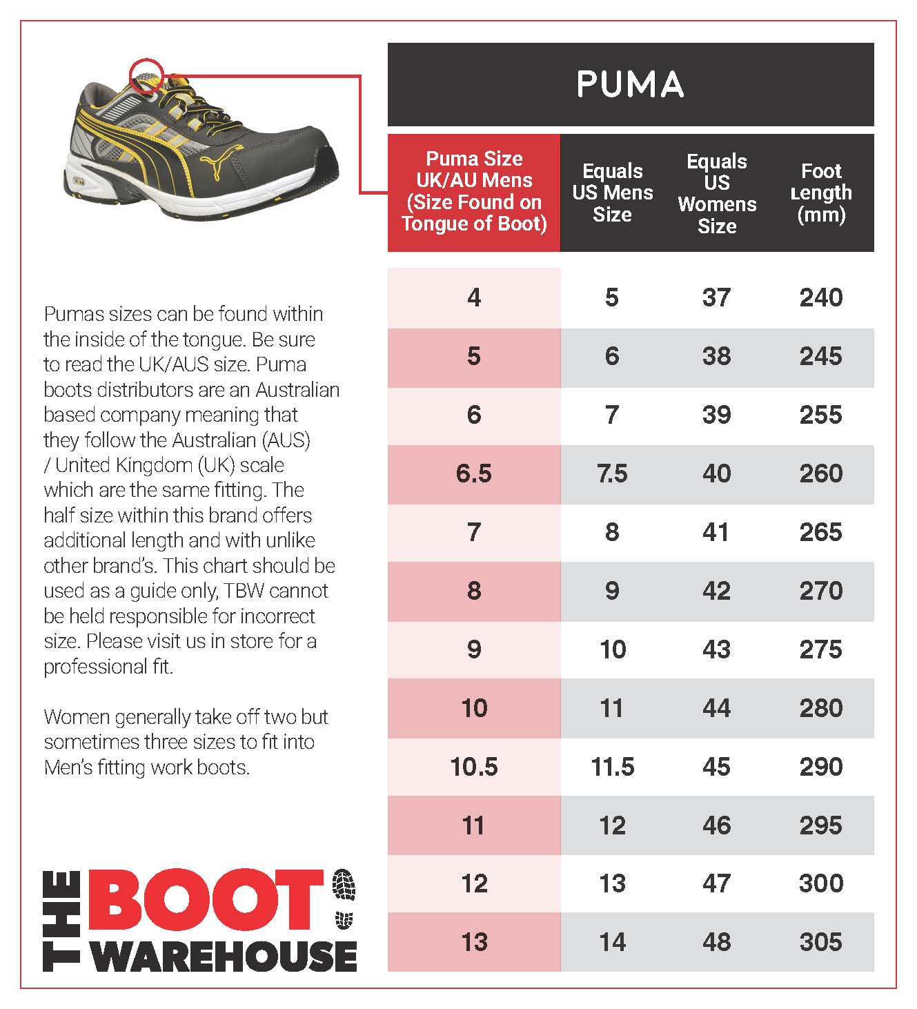 Puma shoe sizes online