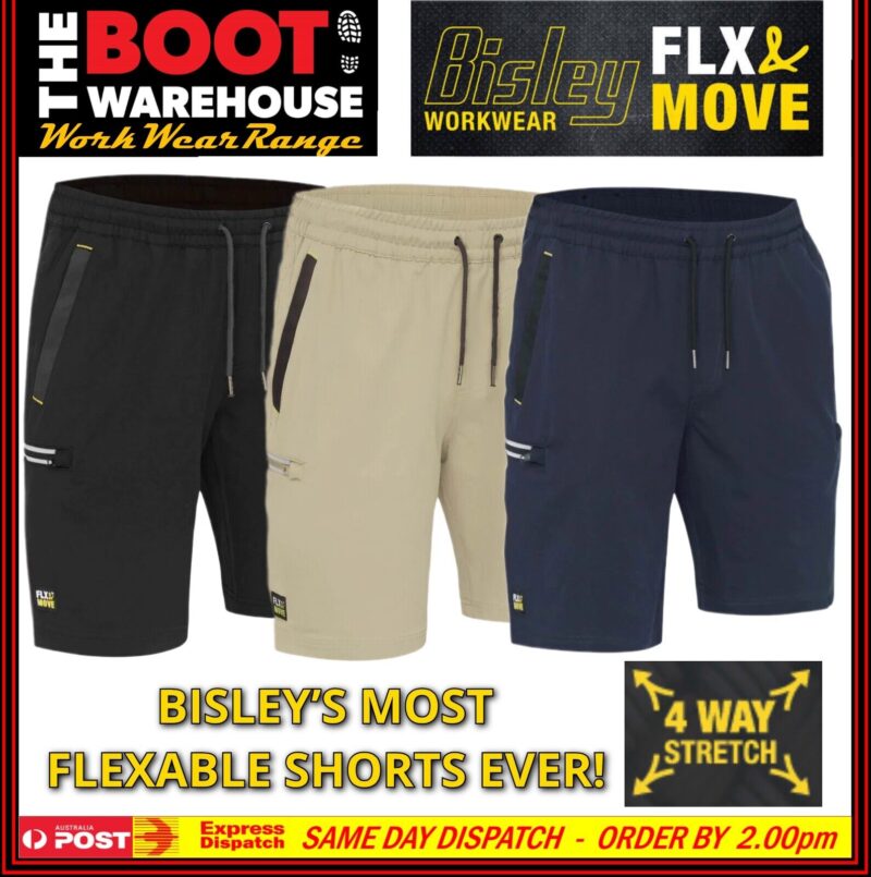 Bisley "BSHC1333" New Men's Flex & Move 4-Way Stretch Elastic Waist Cargo Shorts